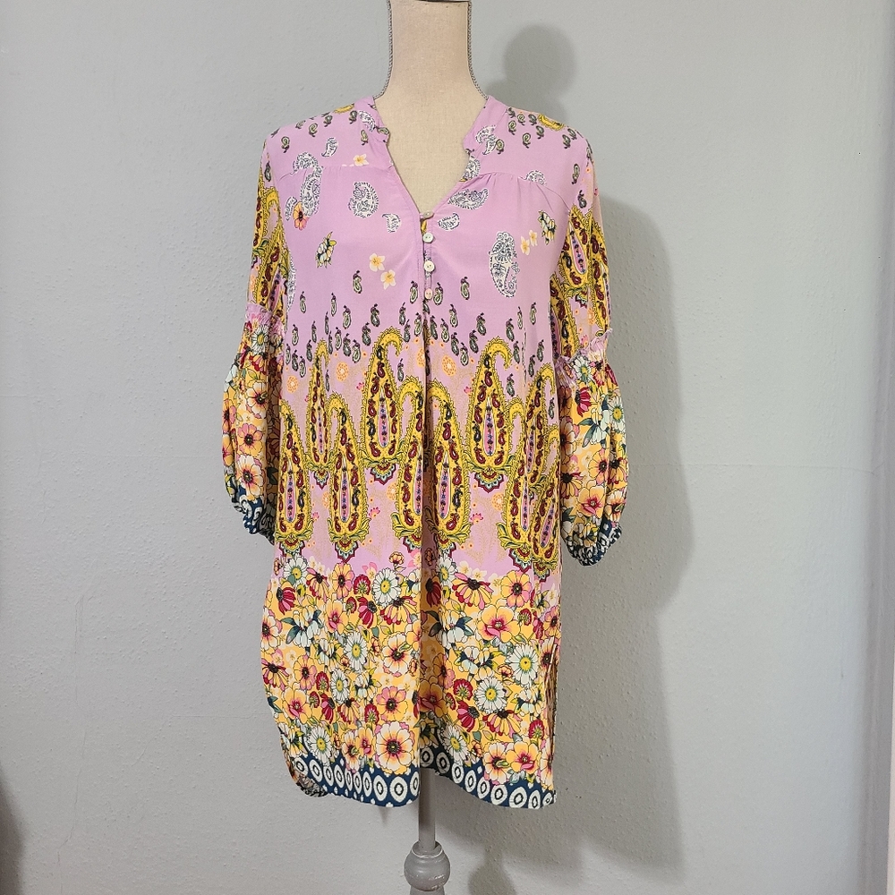 Anthropologie Fig & Flower Boho Peasant 3/4 Sleeve Midi Shirt Dress Size Large